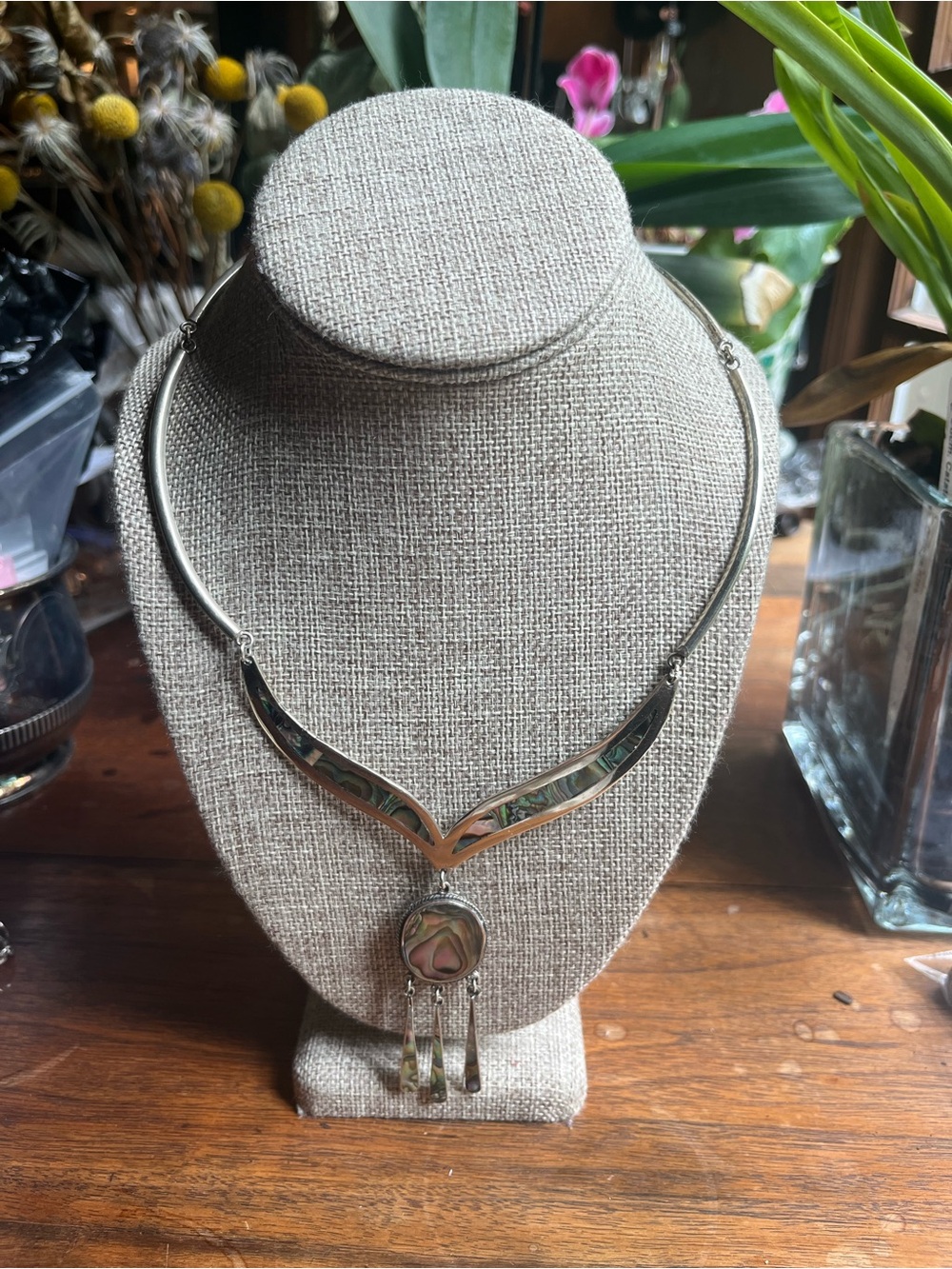 Sterling Silver Abalone Inlay Vintage Statement Necklace - Women Jewelry